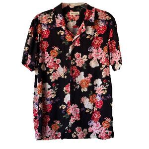 PacSun Men's Floral Camp Collar Shirt Black Pink Short Sleeve Resort Summer Sz M
